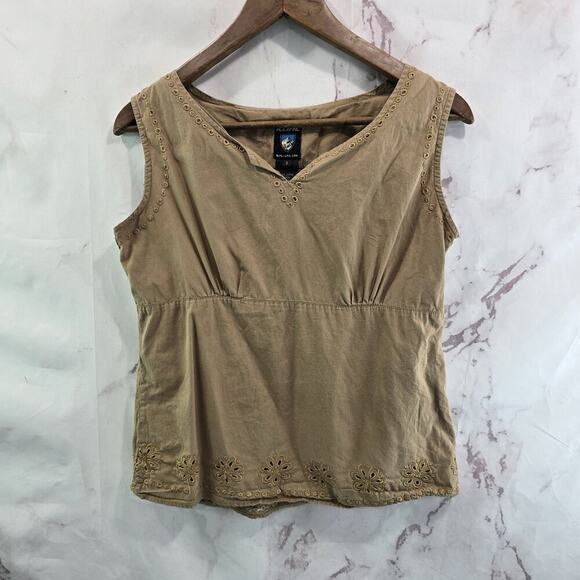 Kuhl Shirt Womens Small Brown Tank Top Eyelet Embroidered Zip Tan Notch - Picture 1 of 8